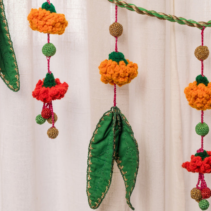 40 Inch | Handmade Crochet Orange Flower & Green Leaf Festive Decorative Toran