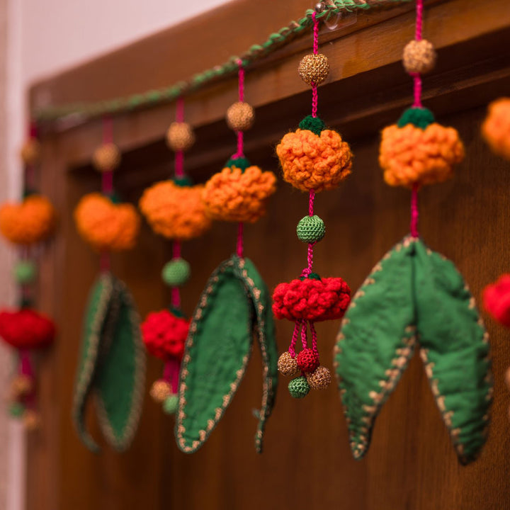 40 Inch | Handmade Crochet Orange Flower & Green Leaf Festive Decorative Toran