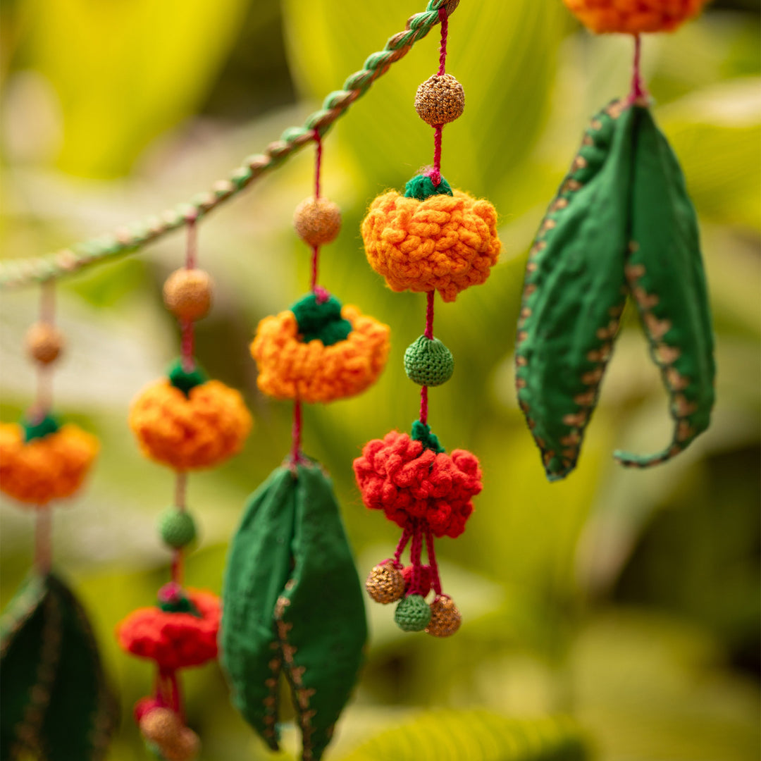 40 Inch | Handmade Crochet Orange Flower & Green Leaf Festive Decorative Toran