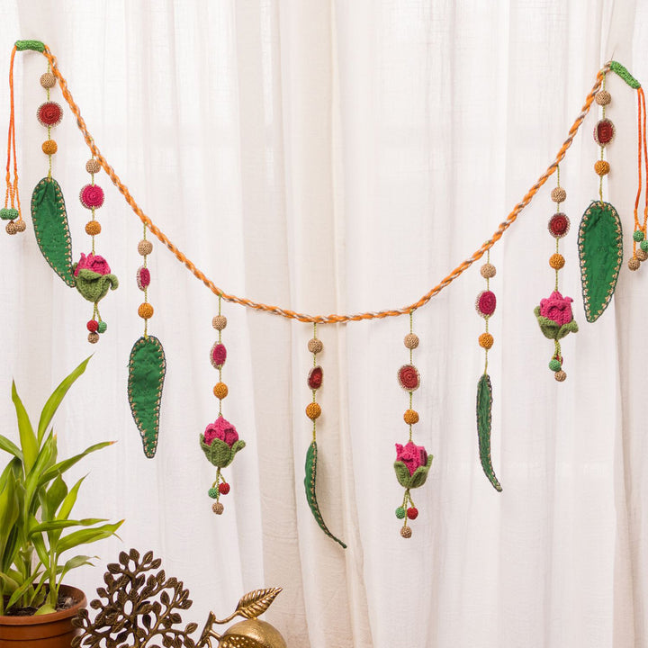 40 Inch | Intricate Handmade Crochet Red Floral & Green Leaf Festive Toran