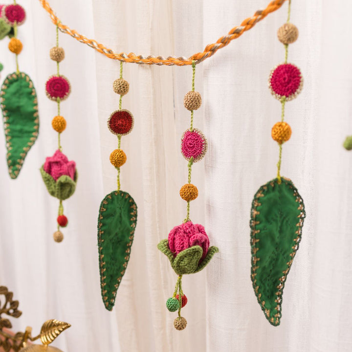 40 Inch | Intricate Handmade Crochet Red Floral & Green Leaf Festive Toran