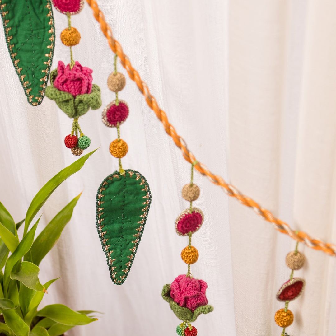 40 Inch | Intricate Handmade Crochet Red Floral & Green Leaf Festive Toran