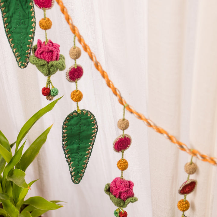 40 Inch | Intricate Handmade Crochet Red Floral & Green Leaf Festive Toran