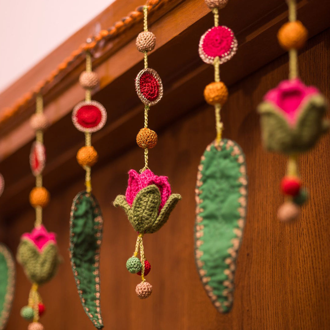 40 Inch | Intricate Handmade Crochet Red Floral & Green Leaf Festive Toran
