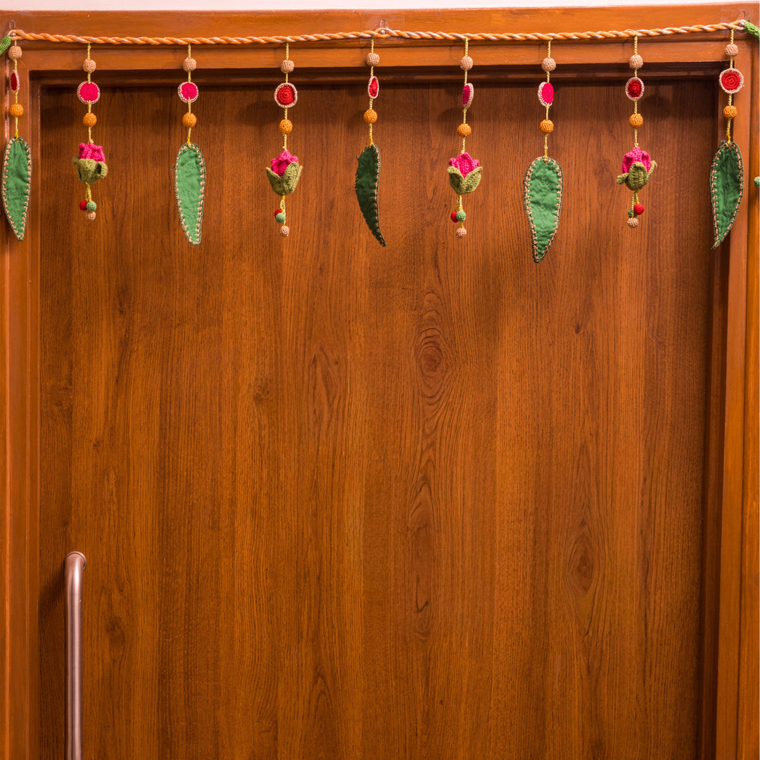 40 Inch | Intricate Handmade Crochet Red Floral & Green Leaf Festive Toran