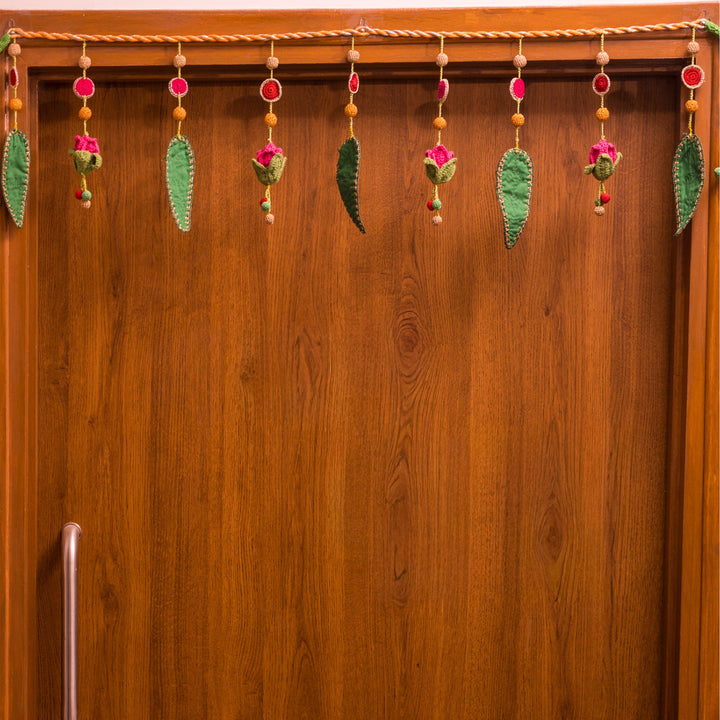 40 Inch | Intricate Handmade Crochet Red Floral & Green Leaf Festive Toran