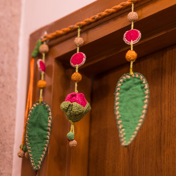 40 Inch | Intricate Handmade Crochet Red Floral & Green Leaf Festive Toran