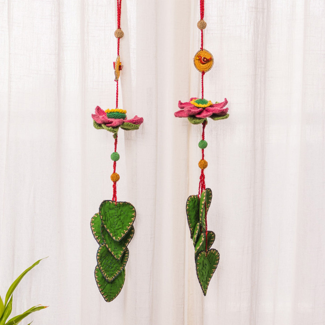 24 Inch | Set Of 2 Handmade Crochet Pink Floral & Leaf With Wooden Bird Festive Door Side Hangings