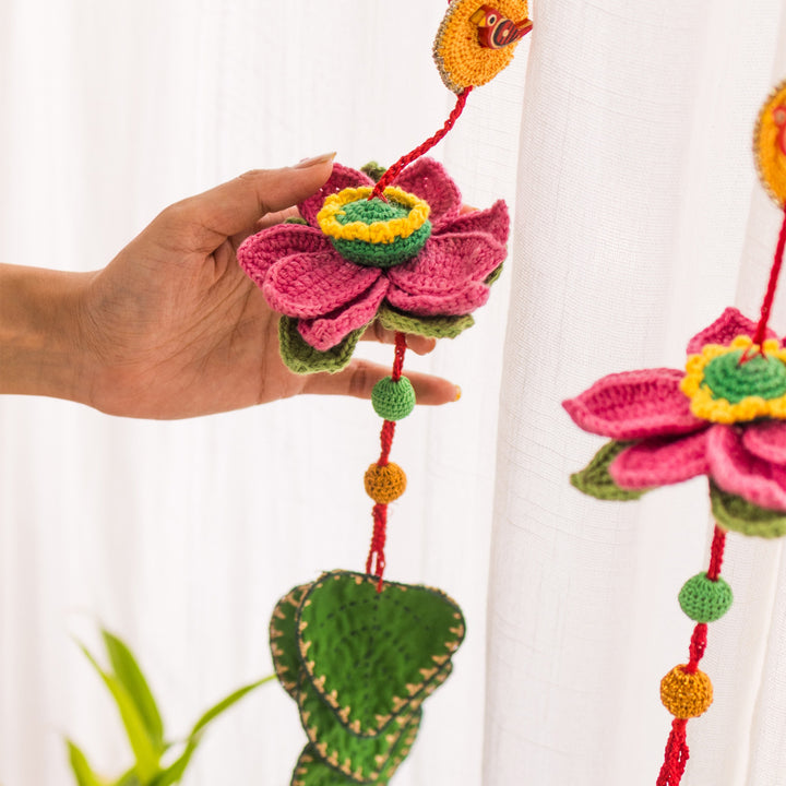 24 Inch | Set Of 2 Handmade Crochet Pink Floral & Leaf With Wooden Bird Festive Door Side Hangings