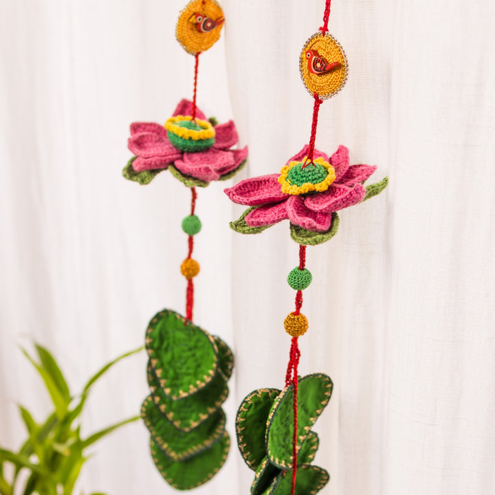 24 Inch | Set Of 2 Handmade Crochet Pink Floral & Leaf With Wooden Bird Festive Door Side Hangings