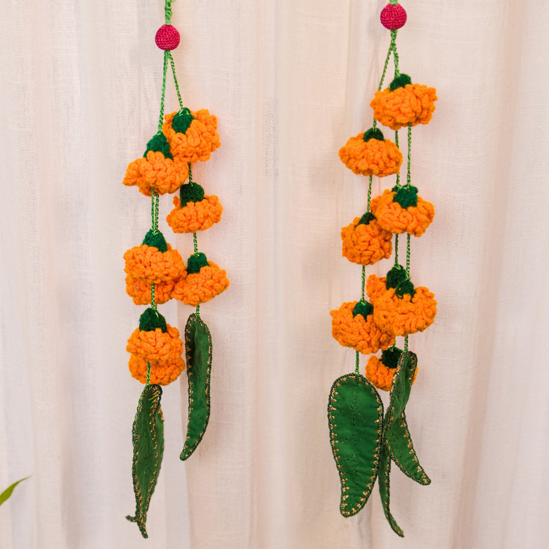 24 Inch | Set Of 2 Handmade Crochet Orange Bloom & Green Leaf Festive Door Side Hangings