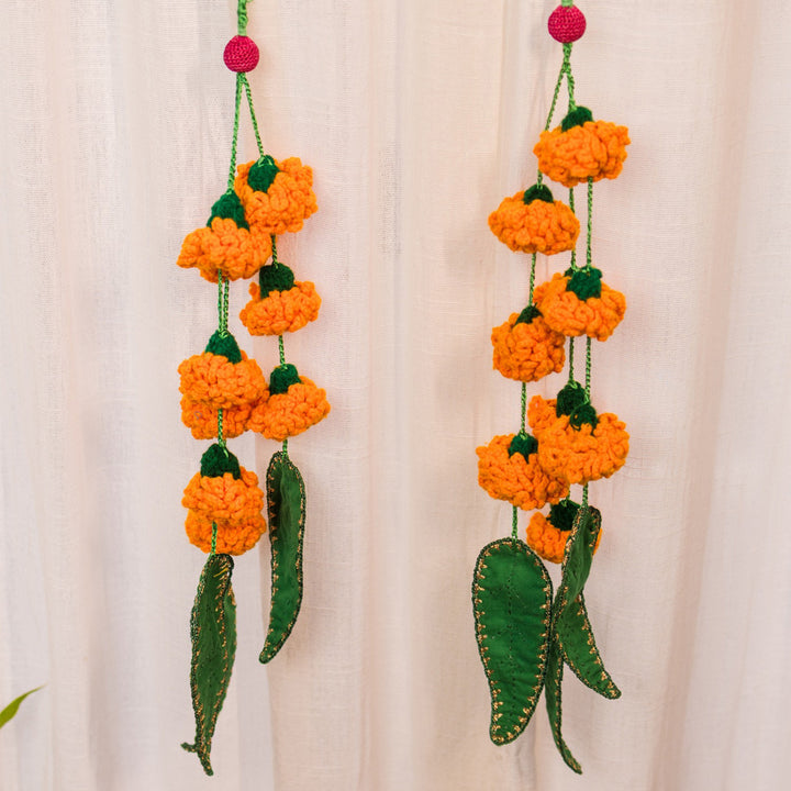 24 Inch | Set Of 2 Handmade Crochet Orange Bloom & Green Leaf Festive Door Side Hangings