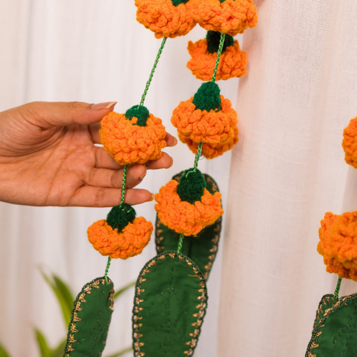 24 Inch | Set Of 2 Handmade Crochet Orange Bloom & Green Leaf Festive Door Side Hangings