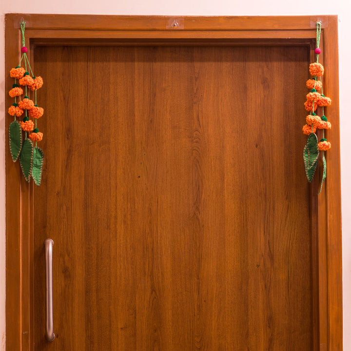 24 Inch | Set Of 2 Handmade Crochet Orange Bloom & Green Leaf Festive Door Side Hangings