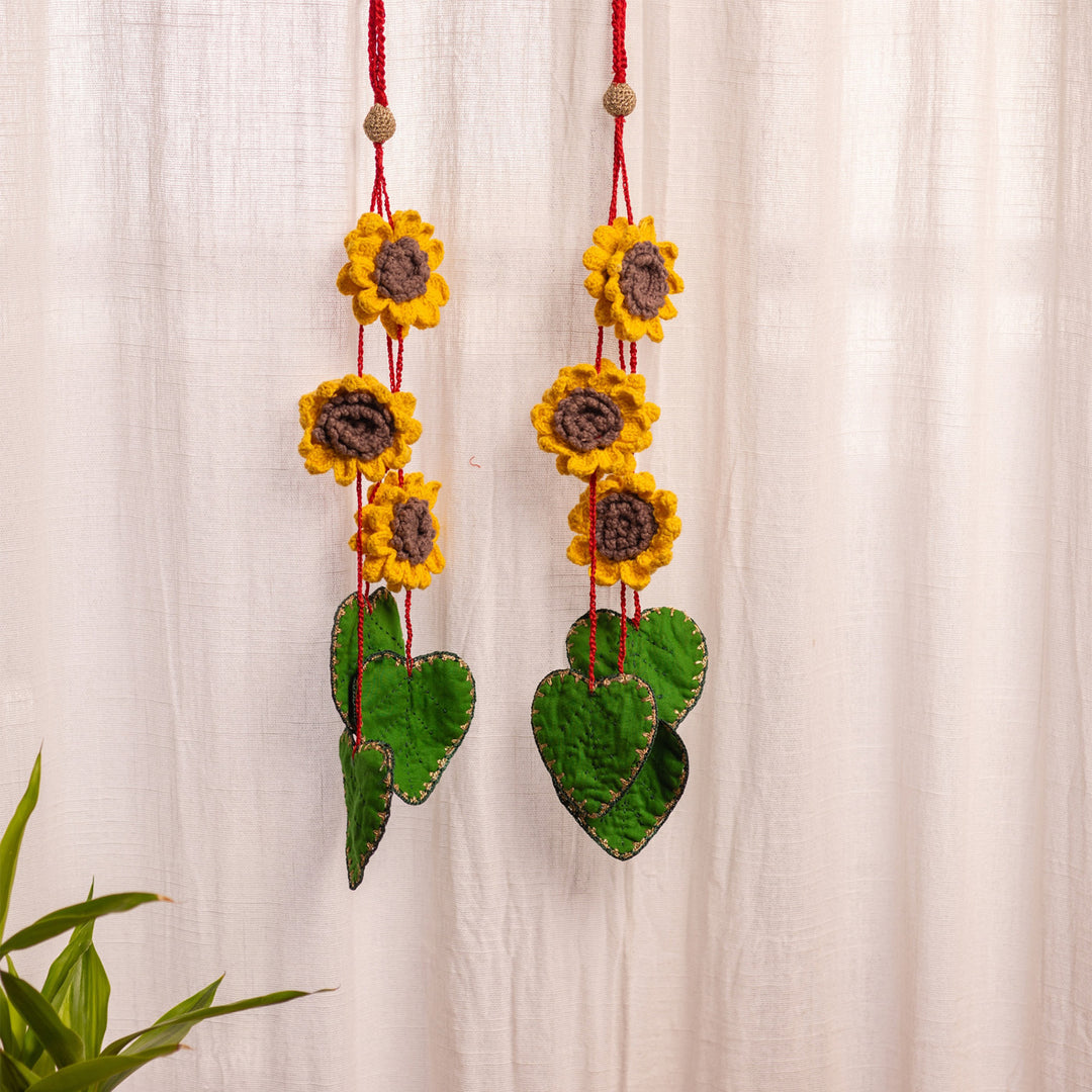 20 Inch | Set Of 2 Handmade Crochet Sunflower & Green Leaf Festive Door Side Hangings