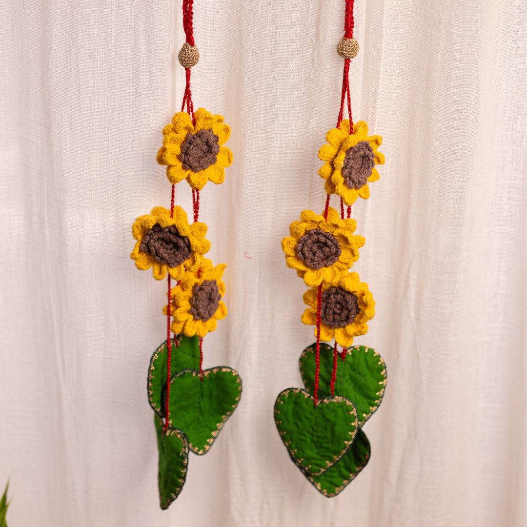 20 Inch | Set Of 2 Handmade Crochet Sunflower & Green Leaf Festive Door Side Hangings