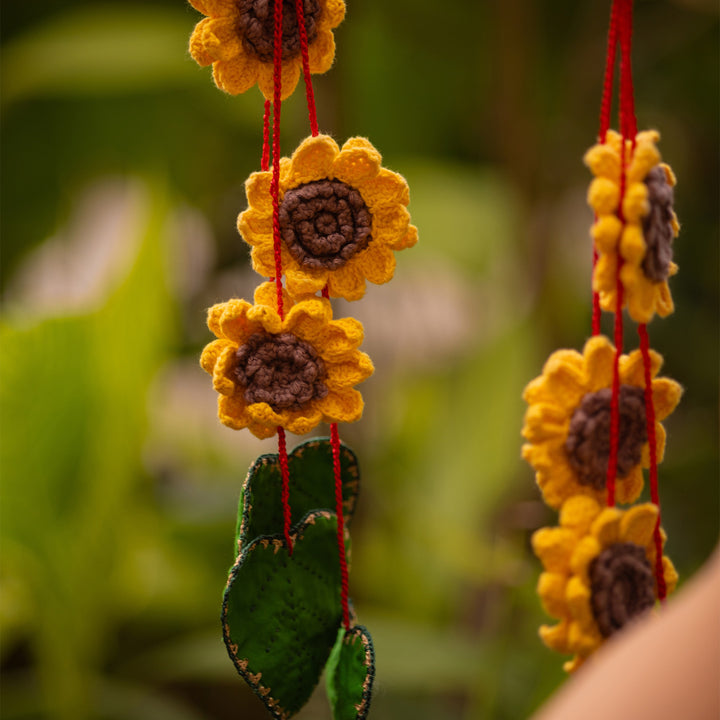 20 Inch | Set Of 2 Handmade Crochet Sunflower & Green Leaf Festive Door Side Hangings