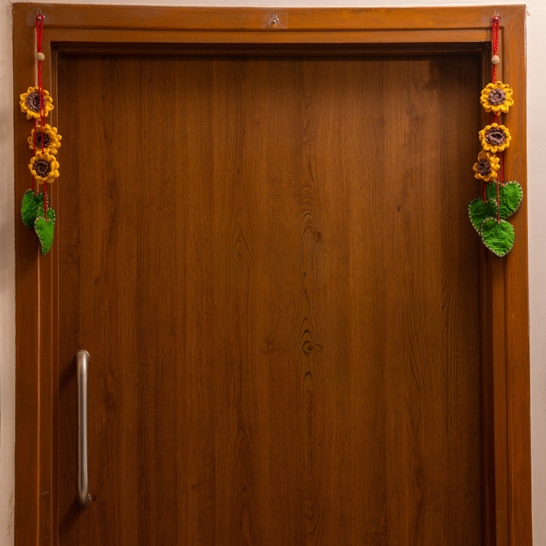 20 Inch | Set Of 2 Handmade Crochet Sunflower & Green Leaf Festive Door Side Hangings