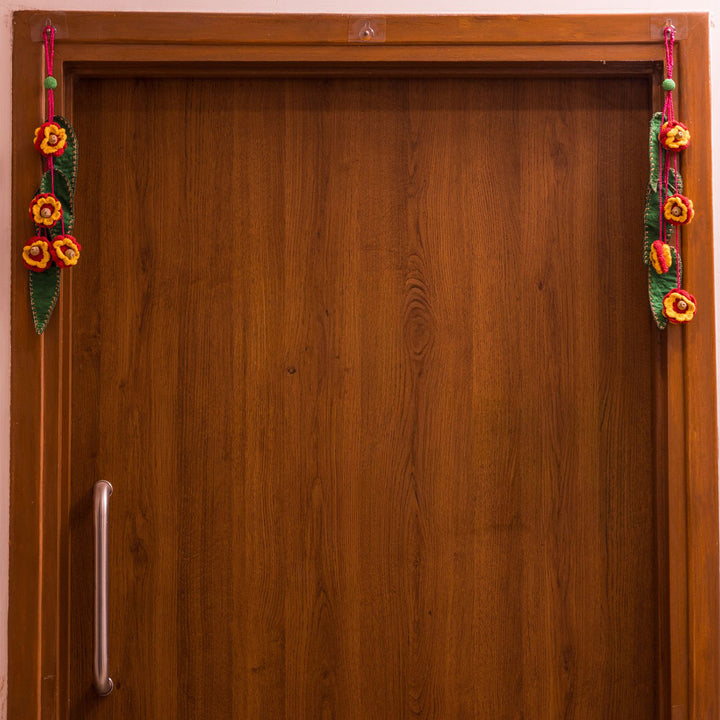 18 Inch | Set Of 2 Handmade Crochet Red & Yellow Floral Green Leaf Festive Door Side Hangings