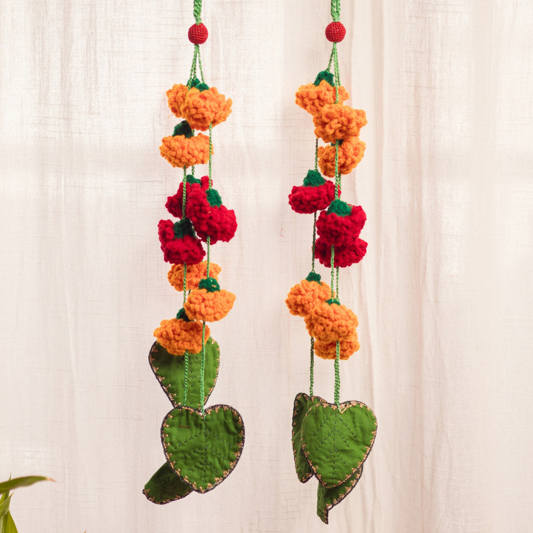 28 Inch | Set Of 2 Handmade Crochet Pink Floral Chidiya & Green Leaf Festive Door Side Hangings