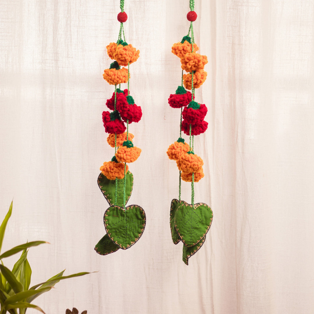 28 Inch | Set Of 2 Handmade Crochet Pink Floral Chidiya & Green Leaf Festive Door Side Hangings
