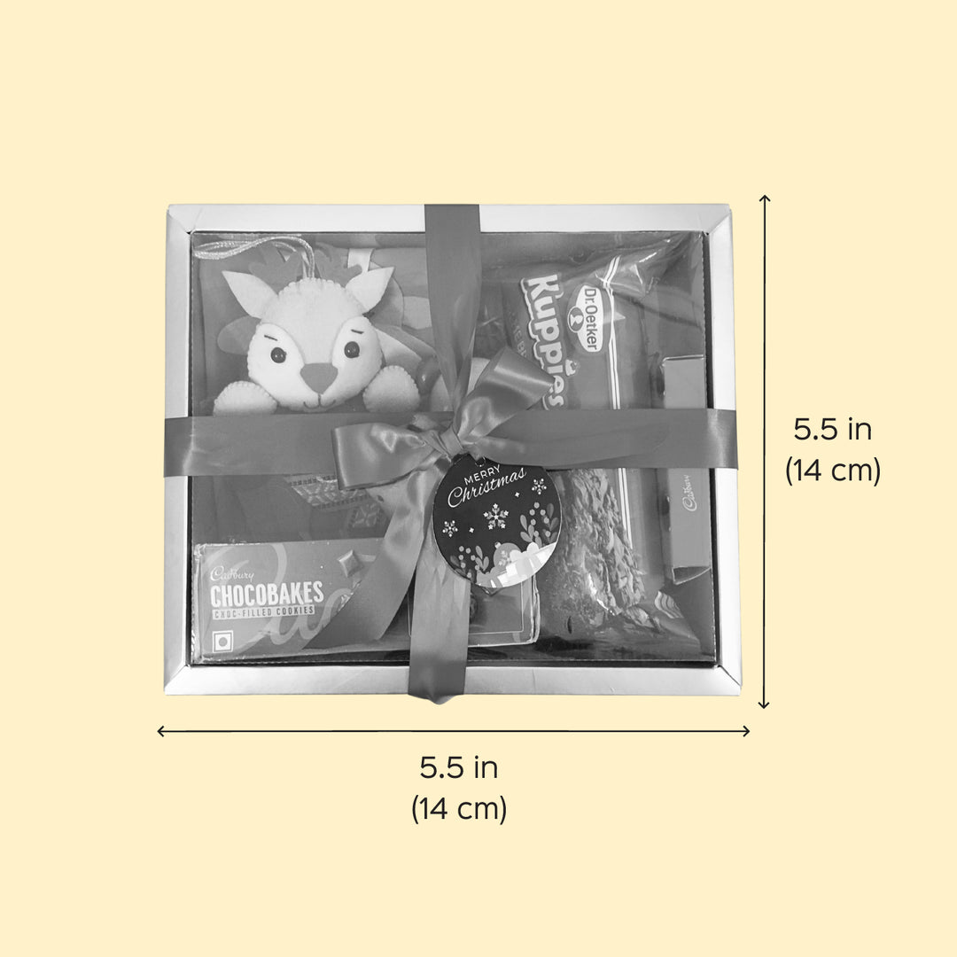 Personalized Christmas Gift Hamper | Includes 1 Ornament, 1 Stocking, 1 Reindeer Candle, 1 Brownie Cake, 1 Cadbury Chocobakes, 1 Nutties Pack