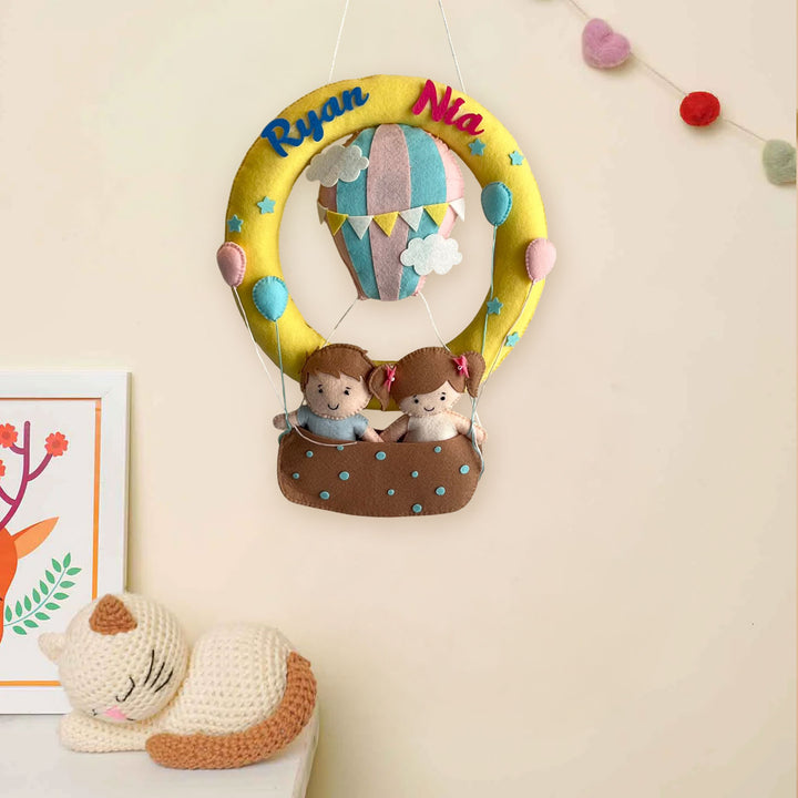 Personalized Hot Air Balloon Buddies Theme Felt Kids Name Plate For Siblings