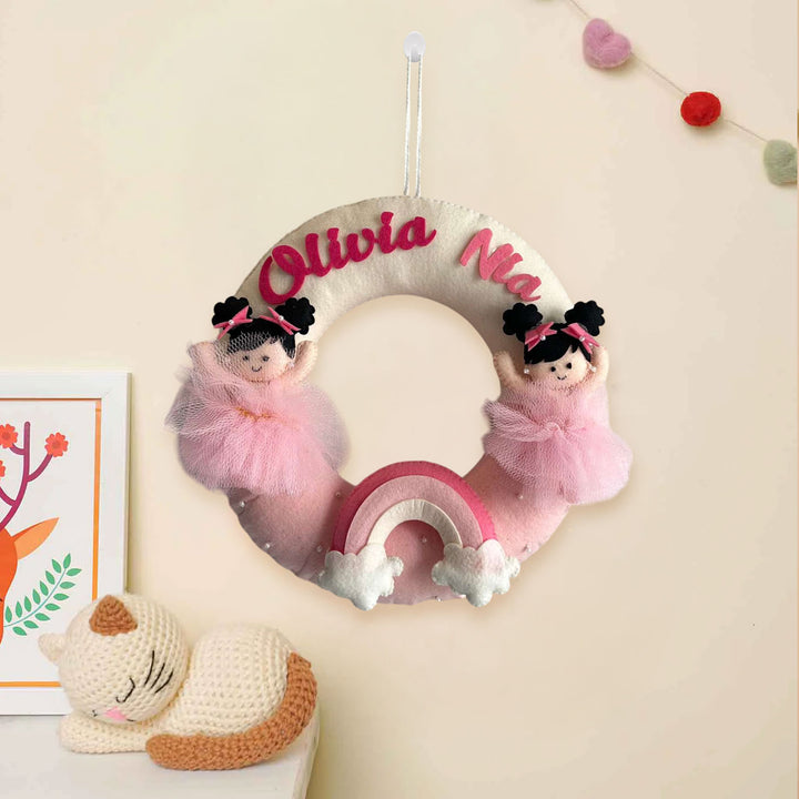 Personalized Rainbow Duo Theme Felt Kids Name Plate For Siblings