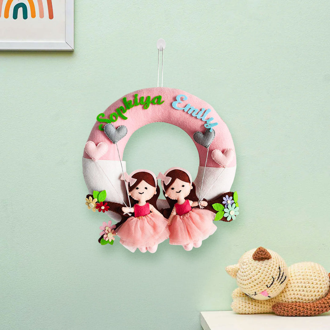 Personalized Together On The Bough Theme Felt Kids Name Plate For Siblings