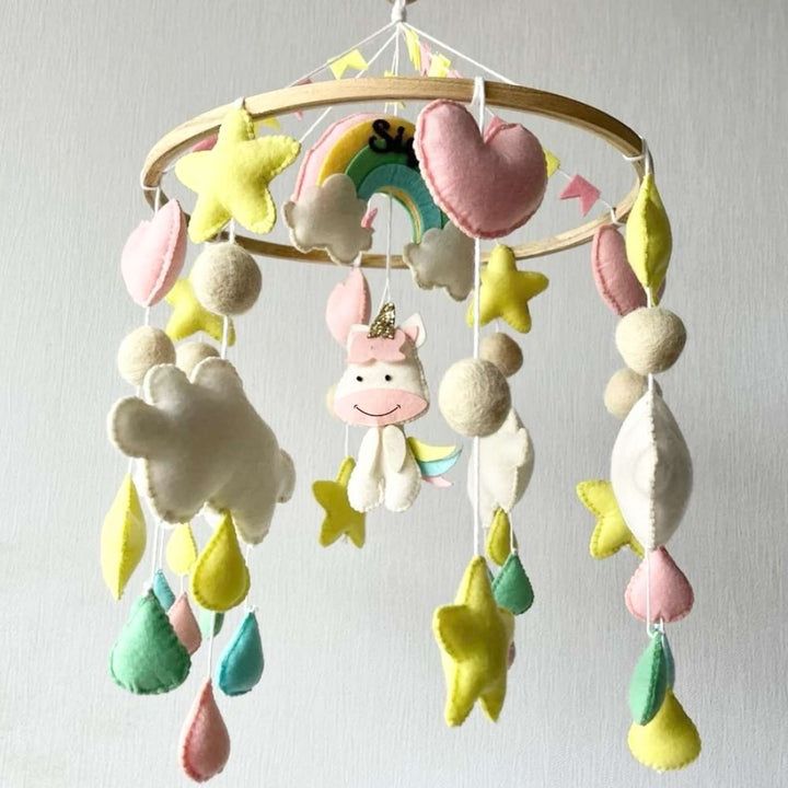 Personalized Handmade Rainbow Unicorn Delight Felt Cot Mobile For Newborns