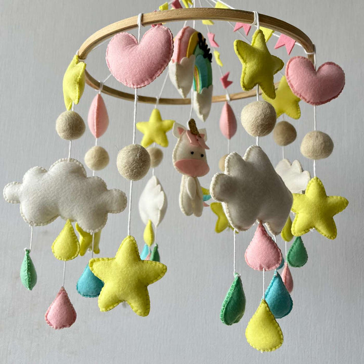 Personalized Handmade Rainbow Unicorn Delight Felt Cot Mobile For Newborns