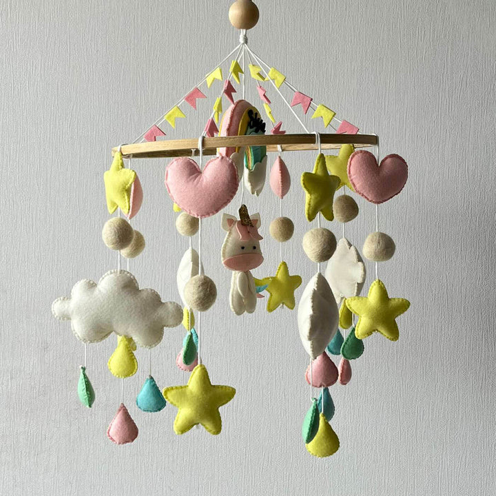 Personalized Handmade Rainbow Unicorn Delight Felt Cot Mobile For Newborns