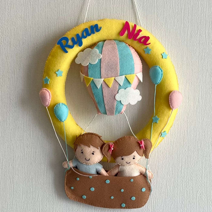 Personalized Hot Air Balloon Buddies Theme Felt Kids Name Plate For Siblings