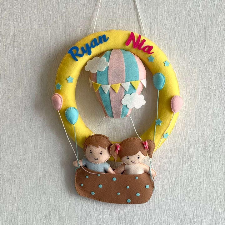Personalized Hot Air Balloon Buddies Theme Felt Kids Name Plate For Siblings
