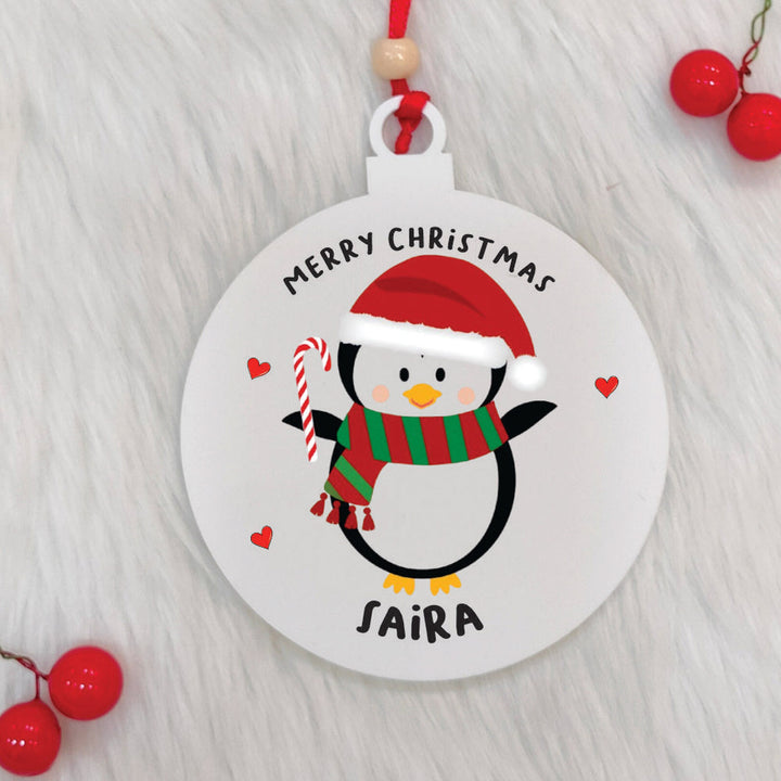 Personalized Handmade Penguin With A Candy Cane Acrylic Ornament
