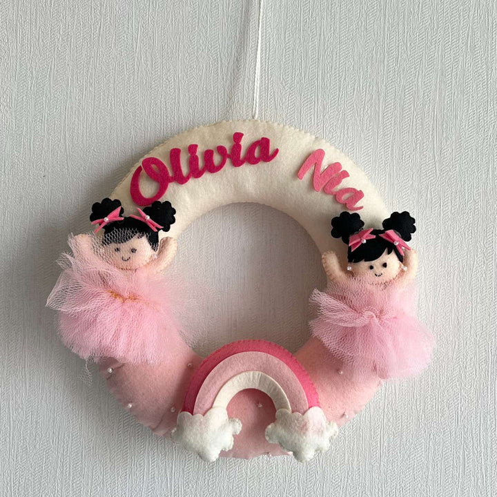 Personalized Rainbow Duo Theme Felt Kids Name Plate For Siblings
