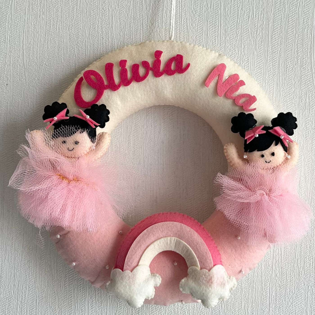 Personalized Rainbow Duo Theme Felt Kids Name Plate For Siblings