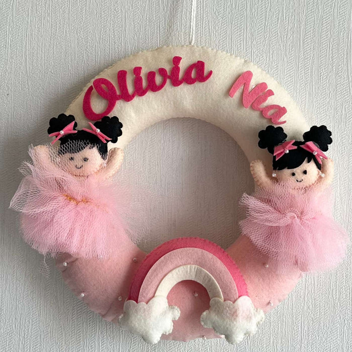 Personalized Rainbow Duo Theme Felt Kids Name Plate For Siblings