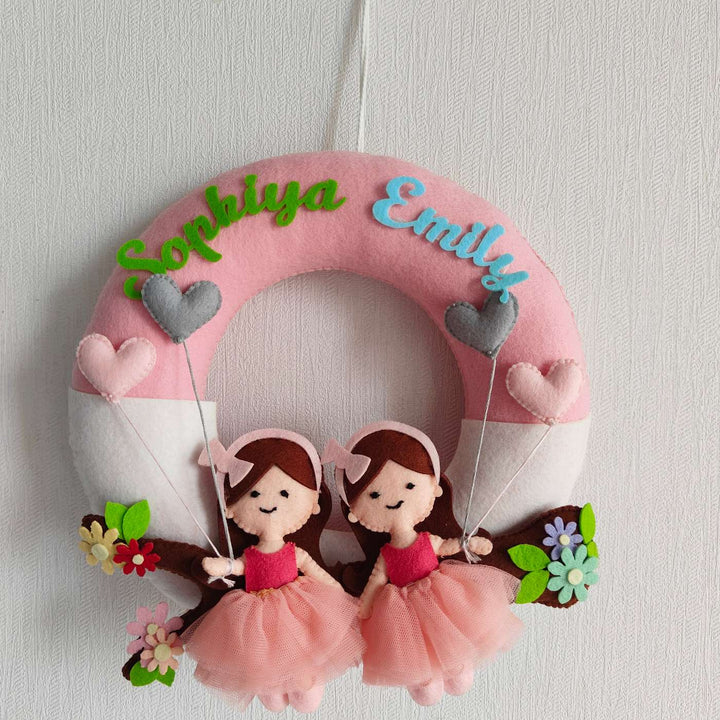 Personalized Together On The Bough Theme Felt Kids Name Plate For Siblings