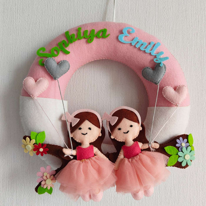 Personalized Together On The Bough Theme Felt Kids Name Plate For Siblings