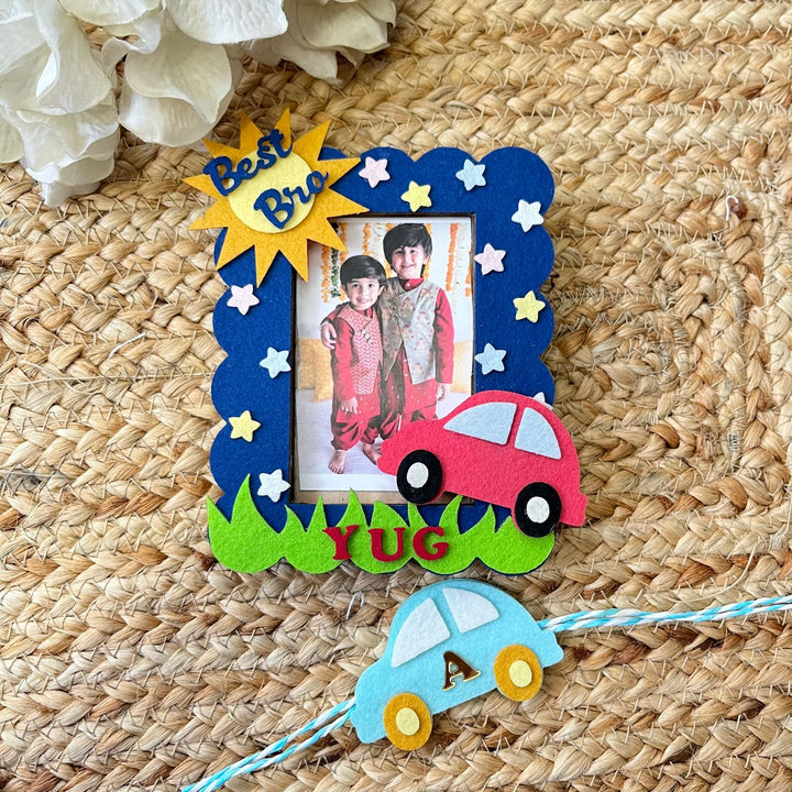 Personalized Reusable Car Theme Felt Kids Rakhi With Wooden Frame For Siblings