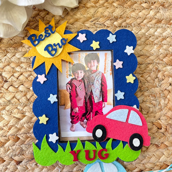 Personalized Reusable Car Theme Felt Kids Rakhi With Wooden Frame For Siblings