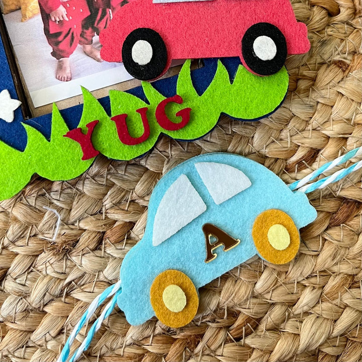 Personalized Reusable Car Theme Felt Kids Rakhi With Wooden Frame For Siblings