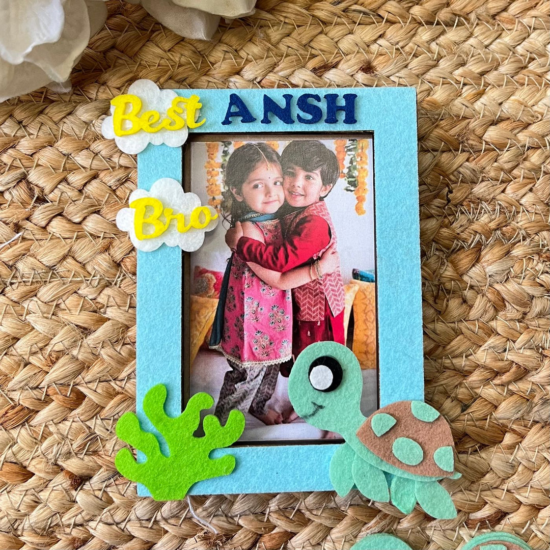 Personalized Reusable Coral Reef Theme Felt Kids Rakhi With Wooden Frame For Siblings