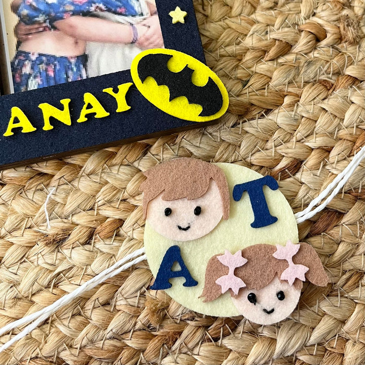 Personalized Reusable Sibling Duo Theme Felt Kids Rakhi With Wooden Frame