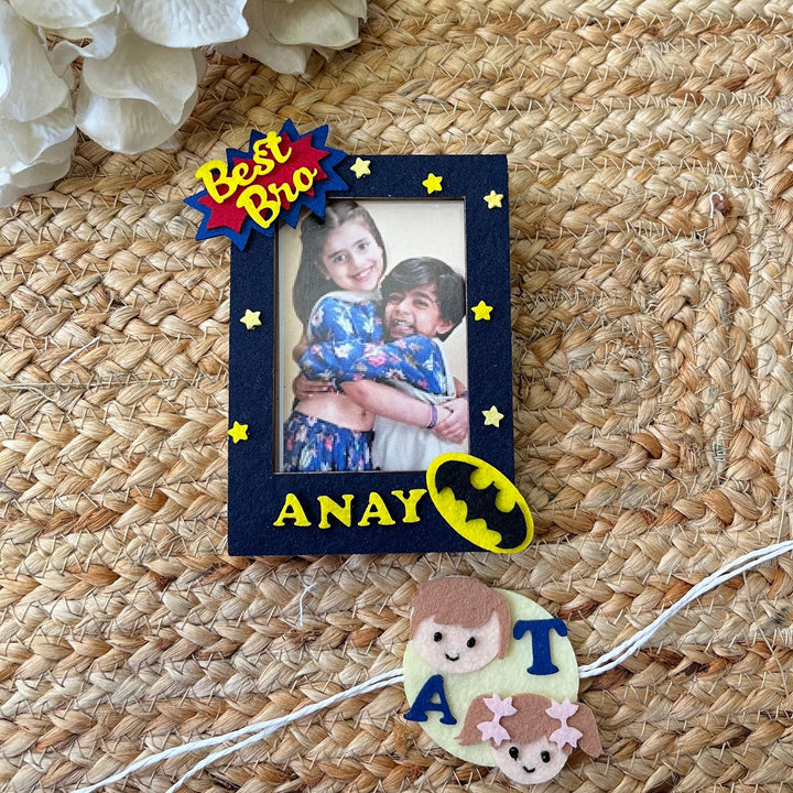 Personalized Reusable Sibling Duo Theme Felt Kids Rakhi With Wooden Frame