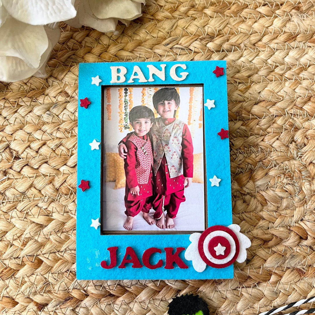 Personalized Reusable Superhero & Hulk Theme Felt Kids Rakhi With Wooden Frame For Siblings
