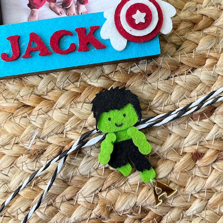 Personalized Reusable Superhero & Hulk Theme Felt Kids Rakhi With Wooden Frame For Siblings