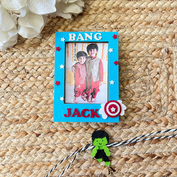 Personalized Reusable Superhero & Hulk Theme Felt Kids Rakhi With Wooden Frame For Siblings