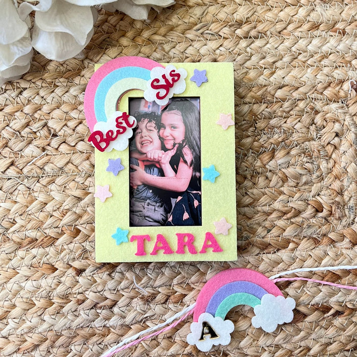 Personalized Reusable Rainbow Theme Felt Kids Rakhi With Wooden Frame For Siblings